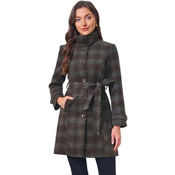 Women's Vintage Plaid Pea Coat Long Sleeve Stand Collar Belted Single Breasted Winter Outerwear