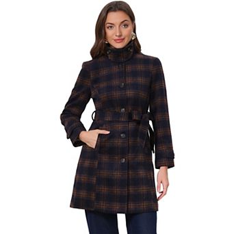 Women's Vintage Plaid Pea Coat Long Sleeve Stand Collar Belted Single Breasted Winter Outerwear