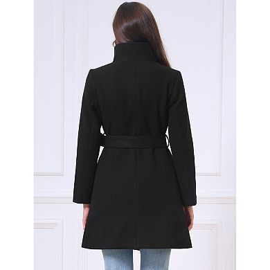 Women's Single Breasted Pea Coat Long Sleeve Winter Warm Coats Stand Collar Work Office Outerwear