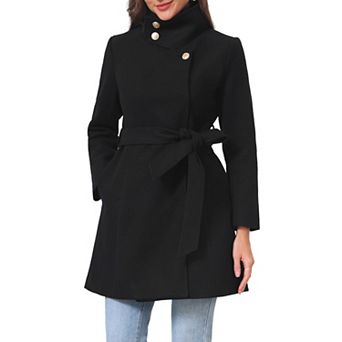 Women's Single Breasted Pea Coat Long Sleeve Winter Warm Coats Stand Collar Work Office Outerwear