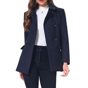 Women's Short Pea Coat Winter Warm Peter Pan Collar Double Breasted Belted Slim Fit Work Outerwear