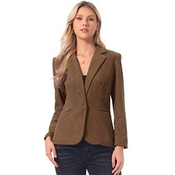 Corduroy Blazer for Women's Notched Lapel Long Sleeve Casual One Button Jacket with Pockets