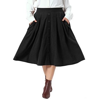 Women's Plus Size Corduroy Skirts Vintage Elastic High Waist Button Midi A-line Skirt with Pockets