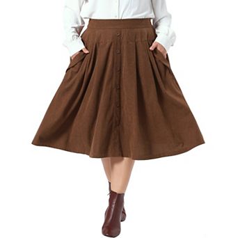 Women's Plus Size Corduroy Skirts Vintage Elastic High Waist Button Midi A-line Skirt with Pockets