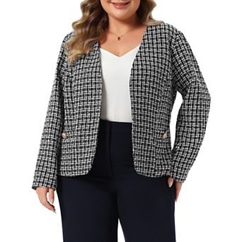 Women's Plus Size Tweed Blazer Collarless Open Front Long Sleeve Work Business Jacket Suits Outfit