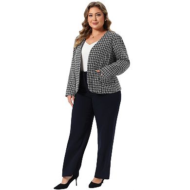 Women's Plus Size Tweed Blazer Collarless Open Front Long Sleeve Work Business Jacket Suits Outfit