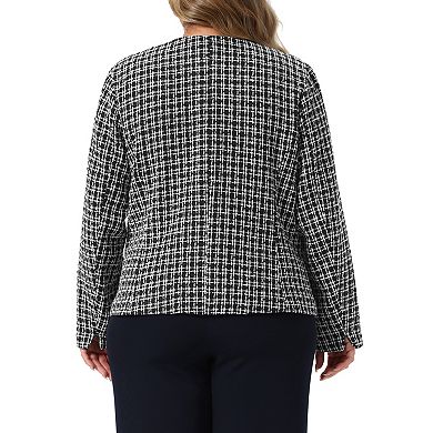 Women's Plus Size Tweed Blazer Collarless Open Front Long Sleeve Work Business Jacket Suits Outfit