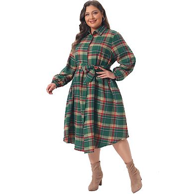 Women's Plus Size Plaid Shirt Dress Belted Long Sleeves Curved Hem Button Down Dresses with Pockets
