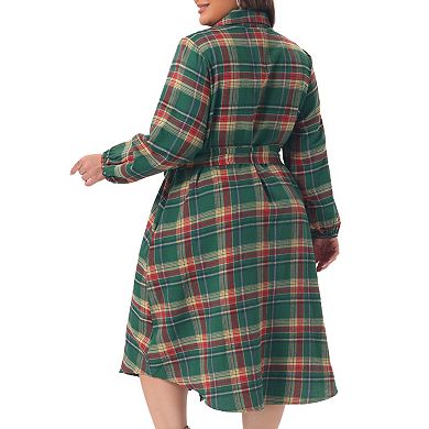 Women's Plus Size Plaid Shirt Dress Belted Long Sleeves Curved Hem Button Down Dresses with Pockets