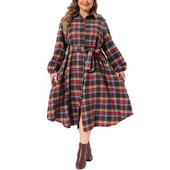 Women's Plus Size Plaid Shirt Dress Belted Long Sleeves Curved Hem Button Down Dresses with Pockets