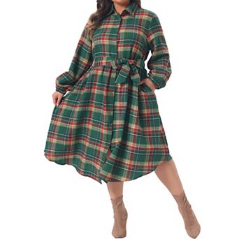 Women's Plus Size Plaid Shirt Dress Belted Long Sleeves Curved Hem Button Down Dresses with Pockets