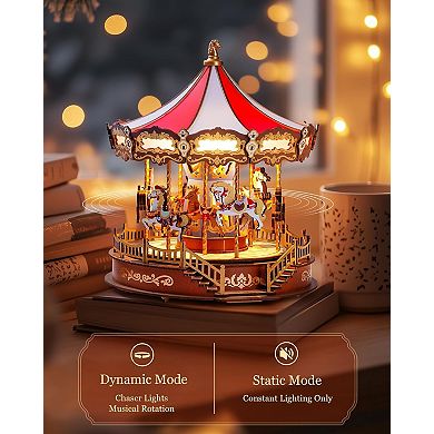 Robotime Rolife Wooden 3D DIY Carousel Music Box 11.6" Model Kit