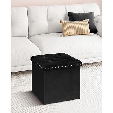 Foldable Velvet Storage Ottoman Cube, Tufted, Multi-Use Footstool