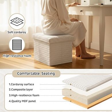 Foldable Corduroy Storage Ottoman, Padded Footstool, Hidden Storage