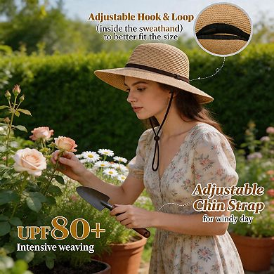 Kaelin Home Womens UPF Straw Sun Hat Wide Brim with Wind Lanyard