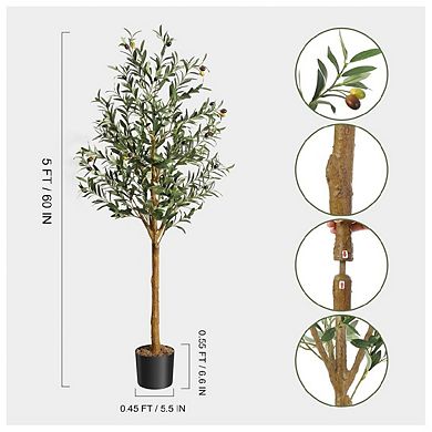 Olive Trees Artificial Indoor, 5FT Realistic Faux Olive Tree - Fake Plants with Wood Trunk
