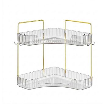 2 tier Clear Corner Counter Organizer with Hooks, Bathroom & Vanity Storage