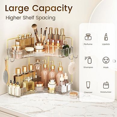 2-Tier Clear Corner Counter Organizer with Hooks, Bathroom & Vanity Storage