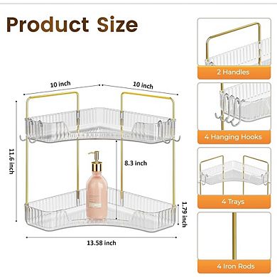 2-Tier Clear Corner Counter Organizer with Hooks, Bathroom & Vanity Storage