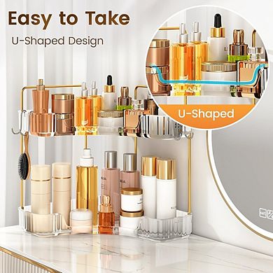 2-Tier Clear Corner Counter Organizer with Hooks, Bathroom & Vanity Storage