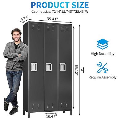 Heavy Duty 3-Door Cabinet with 9 Hooks, 6 Adjustable Shelves, Secure Locks