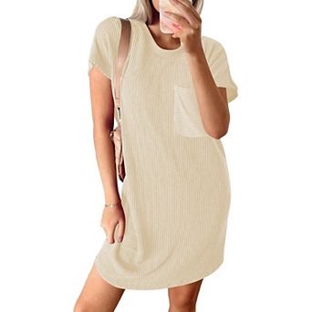 Women's Ribbed Knit T-Shirt Dress Casual Short Sleeve Shift Dress with Pocket