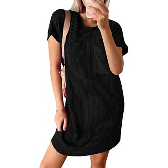 Women's Ribbed Knit T-Shirt Dress Casual Short Sleeve Shift Dress with Pocket