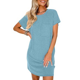 Women's Ribbed Knit T-Shirt Dress Casual Short Sleeve Shift Dress with Pocket