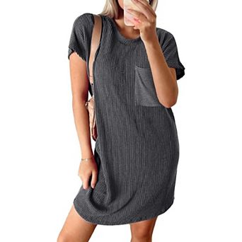 Women's Ribbed Knit T-Shirt Dress Casual Short Sleeve Shift Dress with Pocket