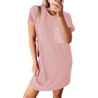 Women's Ribbed Knit T-Shirt Dress Casual Short Sleeve Shift Dress with Pocket