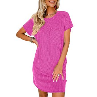 Women's Ribbed Knit T-Shirt Dress Casual Short Sleeve Shift Dress with Pocket