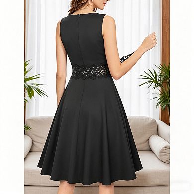 Women's Sleeveless Lace Waist A-Line Cocktail Midi Dress
