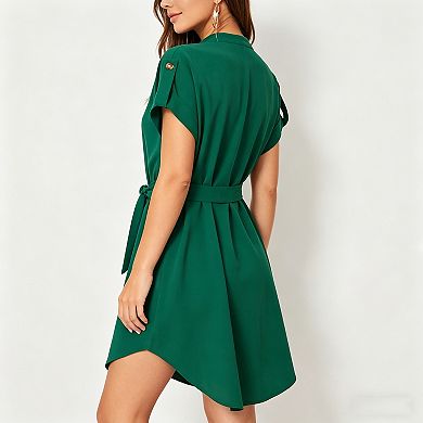 Women's V-Neck Rolled Sleeve Belted Shirt Dress