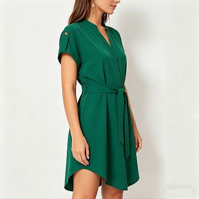 Women's V-Neck Rolled Sleeve Belted Shirt Dress