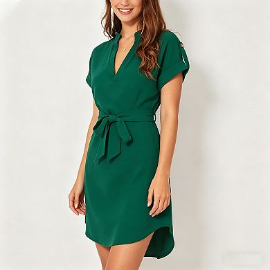 Women's V-Neck Rolled Sleeve Belted Shirt Dress