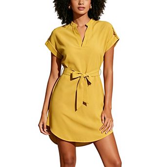 Women's V-Neck Rolled Sleeve Belted Shirt Dress