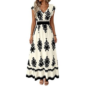 Women's V-Neck Printed Maxi Dress with Cap Sleeves and Smocked Waist