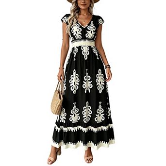 Women's V-Neck Printed Maxi Dress with Cap Sleeves and Smocked Waist