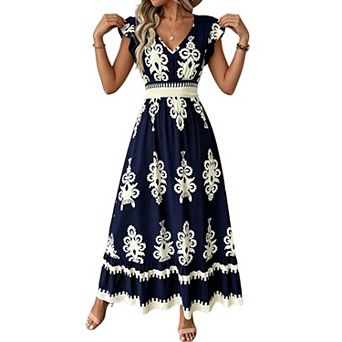 Women's V-Neck Printed Maxi Dress with Cap Sleeves and Smocked Waist