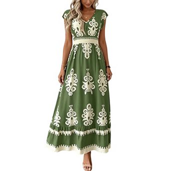 Women's V-Neck Printed Maxi Dress with Cap Sleeves and Smocked Waist