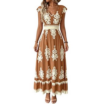 Women's V-Neck Printed Maxi Dress with Cap Sleeves and Smocked Waist