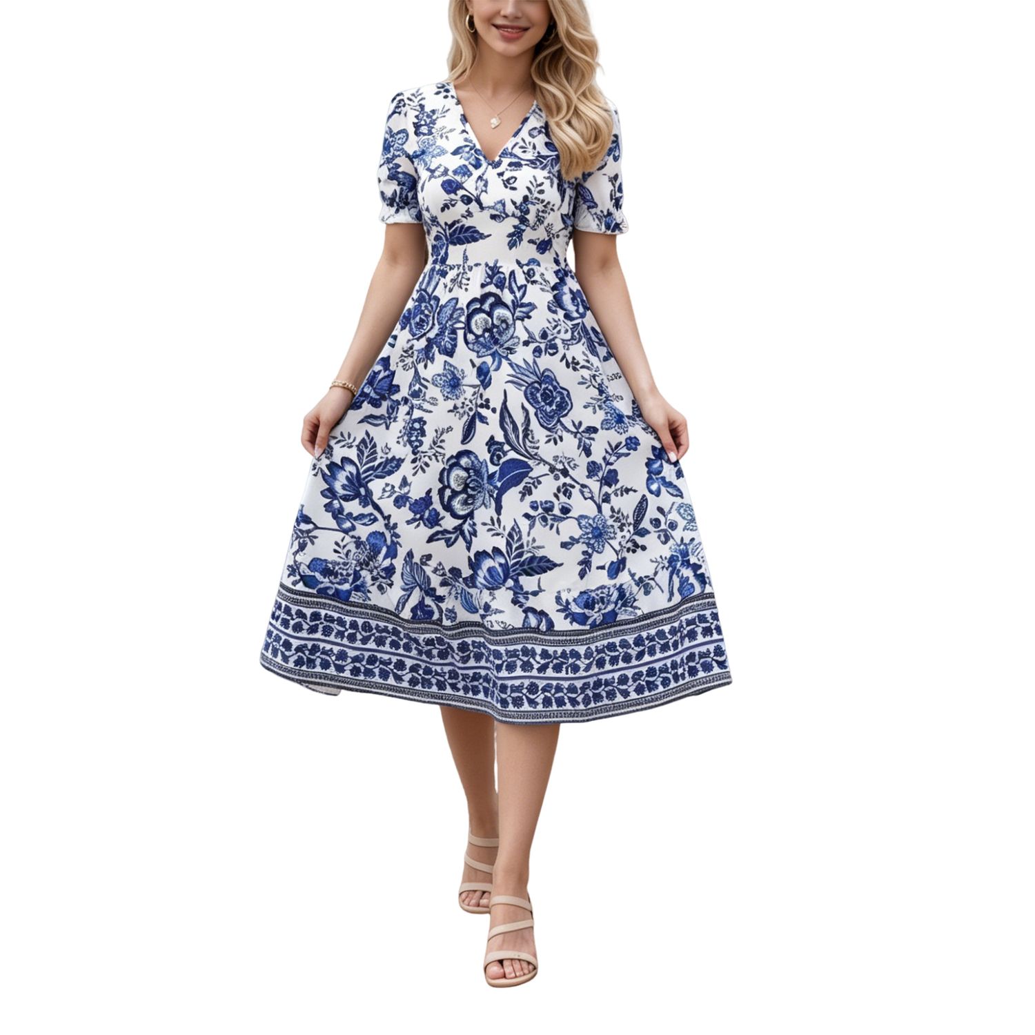 Женские платья V Neck Floral Print Midi Dress with Flutter Sleeves and Smocked Waist