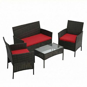 4 pc Patio Furniture Set Outdoor Rattan Wicker Conversation Seating Group with Table