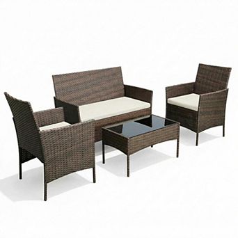 4 pc Patio Furniture Set Outdoor Rattan Wicker Conversation Seating Group with Table