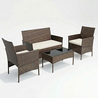 4 pc Patio Furniture Set Outdoor Rattan Wicker Conversation Seating Group with Table