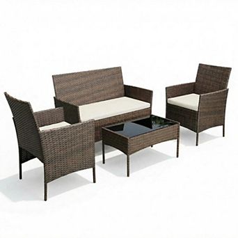 4 pc Patio Furniture Set Outdoor Rattan Wicker Conversation Seating Group with Table