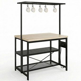 Kitchen Island with Hanging Rack, Wooden Baker's Rack Microwave Stand for Kitchen Storage