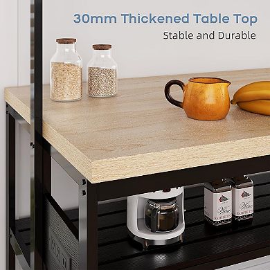Kitchen Island with Hanging Rack, Wooden Baker's Rack Microwave Stand for Kitchen Storage