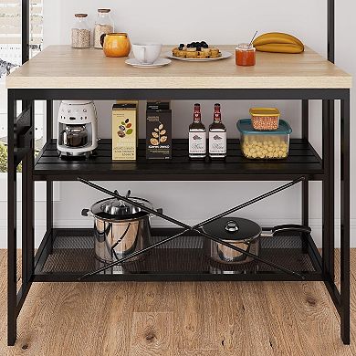 Kitchen Island with Hanging Rack, Wooden Baker's Rack Microwave Stand for Kitchen Storage