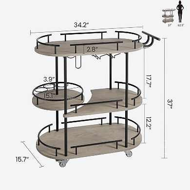 Rotating Rolling Serving Cart, Metal and Wood Home Bar Cart with Wheels for Kitchen Dining